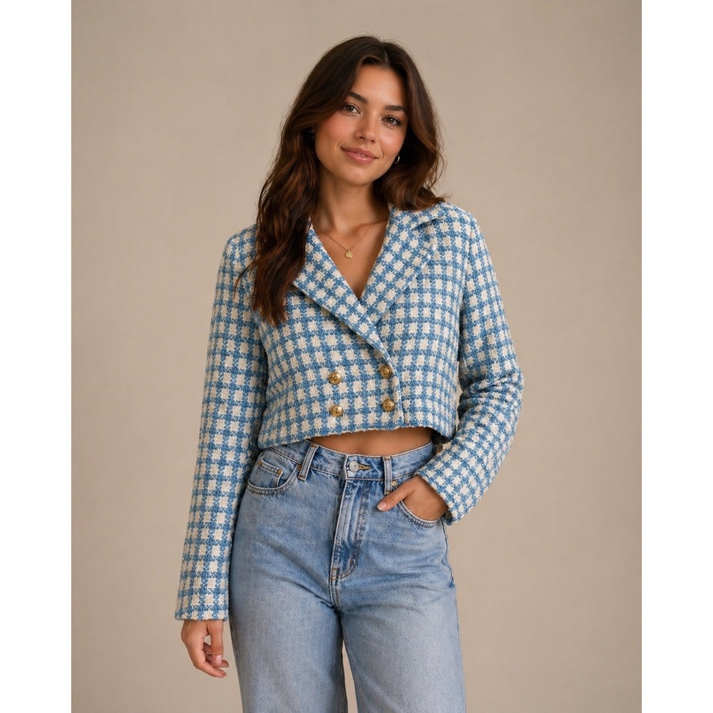 Jason Wu Blue White Checkered Tweed Cropped Double Breasted Blazer Jacket 10 NEW